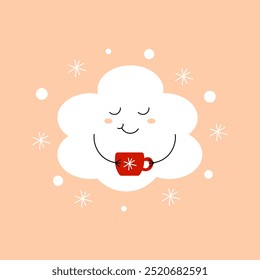Cute winter cloud with a smiling face holding a cup of coffee. Vector illustration
