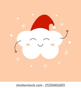 Cute winter cloud with a smiling face in a Christmas hat. Vector illustration