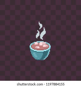 Cute winter cocoa with marshmallows. Pixel art style