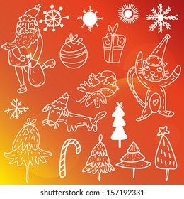 Cute winter collection on abstract background. Cartoon holiday characters