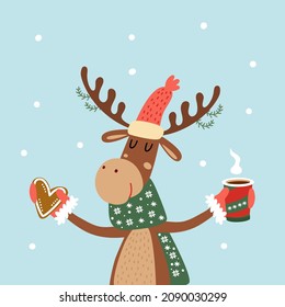 Cute winter deer with cup of coffee. Funny reindeer in hat, scarf, mittens holding hot drink and gingerbread. Takeaway snacks, Christmas holiday. Hand drawn flat  vector illustration, idea for cards 