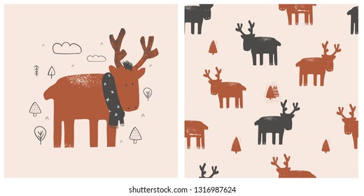 Cute winter Deer. hand drawn color character with seamless pattern.Can be used for t-shirt print, kids wear fashion design, baby shower invitation card. - Vector 