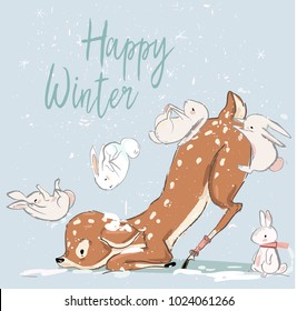 cute winter deer with hares