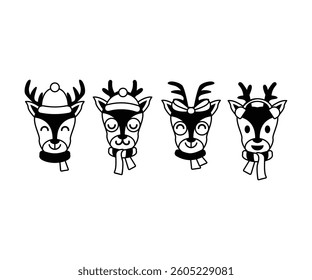 Cute Winter Deer Icons Black and White Minimalist Vector Design 