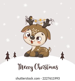 Cute winter deer illustration. Christmas card