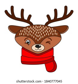 Cute winter deer with red knitted scarf. Vector illustration. Flat design.