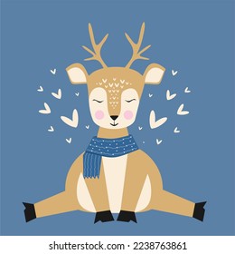 cute winter deer with a warm knitted scarf around his neck, a cute deer with antlers sits spreading his paws with hooves, cartoon deer with hearts flat illustration