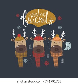 cute winter deer,hand drawn vector illustration.Can be used for kids /babies shirt design, fashion print design, t-shirt, kids wear, baby shower card,celebration card/ greeting card, invitation card