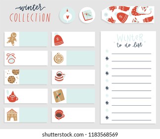 Cute winter to do list template. Note paper and stickers set with vector christmas illustrations. Good for kids. Organizer and schedule with place for notes.