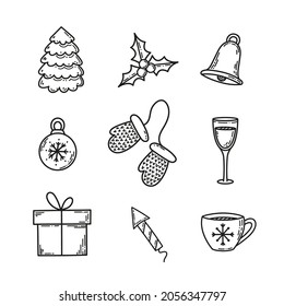 Cute winter doodle illustrations. Set of outline isolated vector elements for coloring or printing on any surface