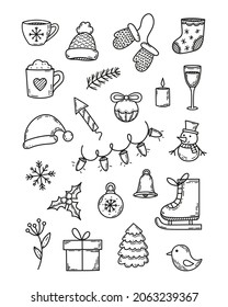 Frische Winterdoodles. Set einzeln auf Vektorelementen im Vintage-Stil