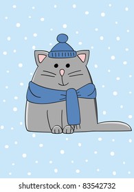 a cute winter dressed kitten on a snowy background