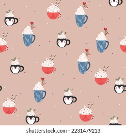 Cute winter drinks seamless vector pattern. Vintage hand drawn mugs of hot cocoa and coffee background for wrapping paper, packaging, gift, fabric, wallpaper, textile, apparel, card, menu.