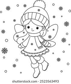 Cute winter fairy outline coloring page. Christmas and Winter Illustration 