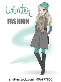 Cute winter, fashion, cartoon girl. Vector illustration.