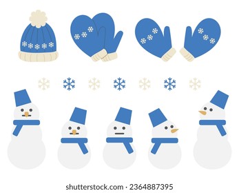 Ilustración plana de invierno suave de varios guantes y muñeco de nieve