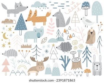 Cute winter forest animals and birds in simple hand drawn pastel color Scandinavian style vector illustration. Fox, wolf, reindeer, hare, hedgehog, owl and natural plants woodland vegetation