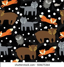 Cute winter forest animals vector seamless pattern. Foxes, bears, mouse, hedgehog and wolfs with snowflakes dots, blots on black dark grey chevron background.