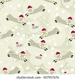 Cute winter forest animals vector seamless pattern. Foxes and mouse in christmas caps with snowflakes dots, light beige blots on natural warm grey marble background.
