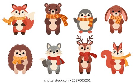 Cute winter forest animals wearing in warm scarves. Flat vector illustration isolated on white. Winter and autumn design, cold weather sticker. Hedgehog, bear, deer, hare, fox, penguin, wolf, squirrel