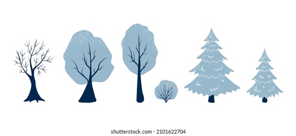 Cute winter forest blue hand drawn trees set. Vector isolated New Year and Christmas objects, elements of nature to create winter holiday landscape.