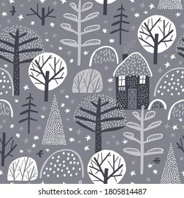 Cute winter forest. Childish seamless pattern. Creative childish texture for fabric, wrapping, textile, wallpaper, apparel. Grey background. Lonely house in the woods.