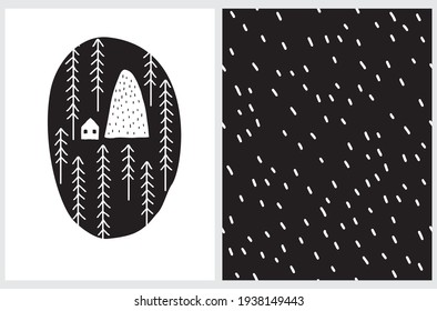 Cute Winterwald Vektorgrafik und Geometrisches nahtloses Vektormuster. Handgezeichneter Druck ideal für Card, Wall Art. Weiße Bäume, Berge und Kleines Haus in einem schwarzen unregelmäßigen Rahmen. 