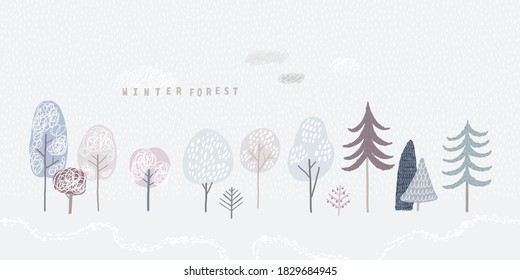 Cute winter forest, vector isolated illustration of trees and clouds. Winter landscape. Vector set.