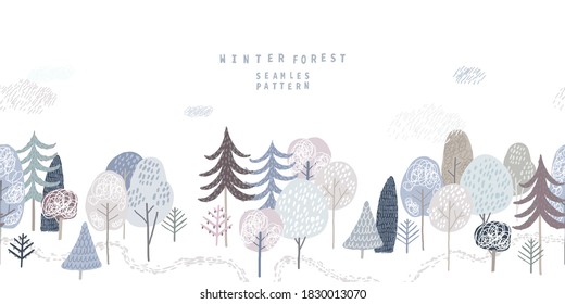 Cute winter forest, vector isolated illustration of trees and clouds. Winter landscape. Horizontal seamless pattern. Vector illustration.