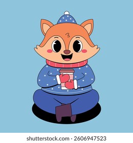 Cute winter fox with coffee cup