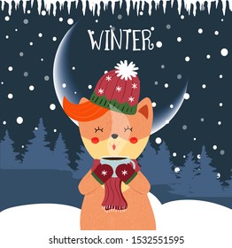 Cute winter fox drinking hot tea. Kawai baby fox on scarf, hat and mittens holding cup with hot beverage on night snow forest background. Cartoon flat hand drawn illustration scandinavian style