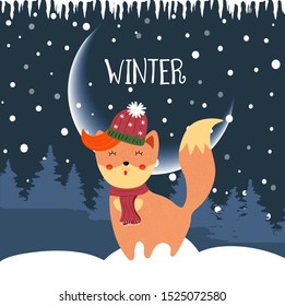 Cute winter fox enjoying falling snow standing on night background with snowdrifts and fir trees. Kawaii fox in scarf christmas greeting Cartoon flat vector hand drawn illustration, scandinavian style
