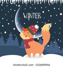 Cute winter fox in knitted hat and scarf on night snowy background with fir trees and snowdrifts. Christmas holidays and New Year Card Cartoon flat hand drawn illustration, scandinavian style