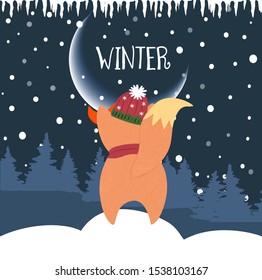 Cute winter fox looking at moon standing on snowdrift with fir trees background and falling snow. Back view fox in scarf and hat, xmas Cartoon flat vector hand drawn illustration, scandinavian style