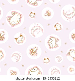 Cute winter fox seamless pattern, wolf hand drawn forest autumn background with mushroom, folk art illustration