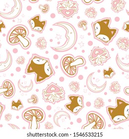 Cute winter fox seamless pattern, wolf hand drawn forest autumn background with moon, mushroom, folk art vector illustration