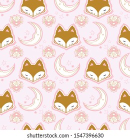 Cute winter fox seamless pattern, wolf hand drawn forest autumn background with stripe, mushroom, folk art vector illustration