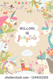 Cute winter frame with magic unicorns and christmas decor