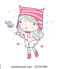 Cute winter girl with a bird.