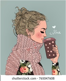 cute winter girl with coffee cup