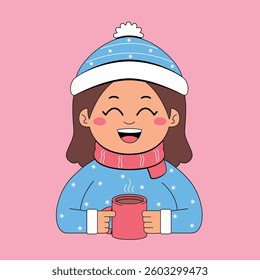 Cute winter girl holding coffee cup