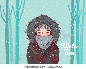 Cute winter girl with scarf and hat