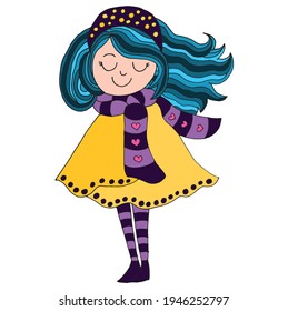 Cute winter girl with scarf and yellow coat. Vector illustration.