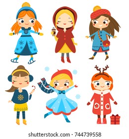 Cute winter girls set. Kids winter activity. Vector collection of cartoon female children characters having winter holidays fun