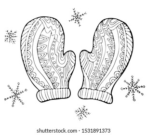 Cute winter gloves with small and middle patterns, doodle snowflakes. For coloring book pages. Hand drawn holiday illustration.