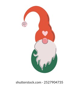 Cute Winter gnome with long beard and red hat. Traditional Christmas Nordic character. Scandinavian style hygge home decor. Hand drawn flat design vector illustration.