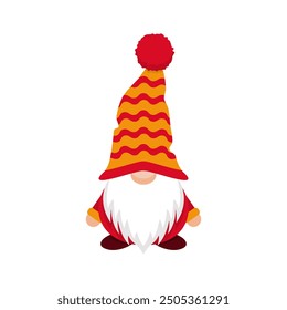 Cute winter gnome in striped long cap. Funny new years character in red yellow hat covering his eyes with white vector beard