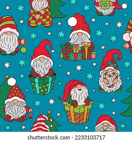 Cute winter gnomes seamless pattern. Christmas gifts holiday concept. Cartoon nordic gnome little santa claus. Fun playful repeat design for wrapping paper, textile print, stationery and more. 