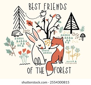 Cute Winter Graphic Design with Fox ,Rabbit, Forest and Forest animals  “BEST FRIENDS OF THE FOREST ” on Vector Design, Illustration.