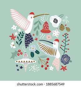 Cute winter greeting background with colibri in santa hat. Winter floral concept. Holiday and christmas illustration. It can be used for greeting card, posters, apparel